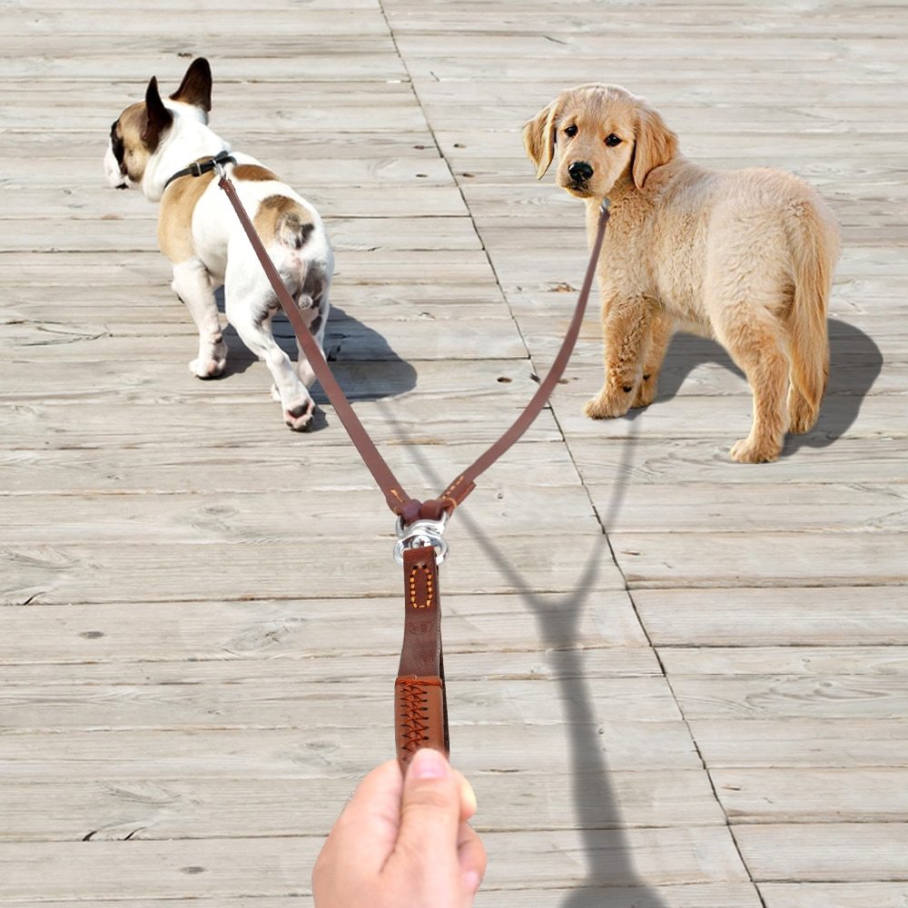 Premium 2-Way Leather Dog Leash - Tangle-Free Control for Two Dogs