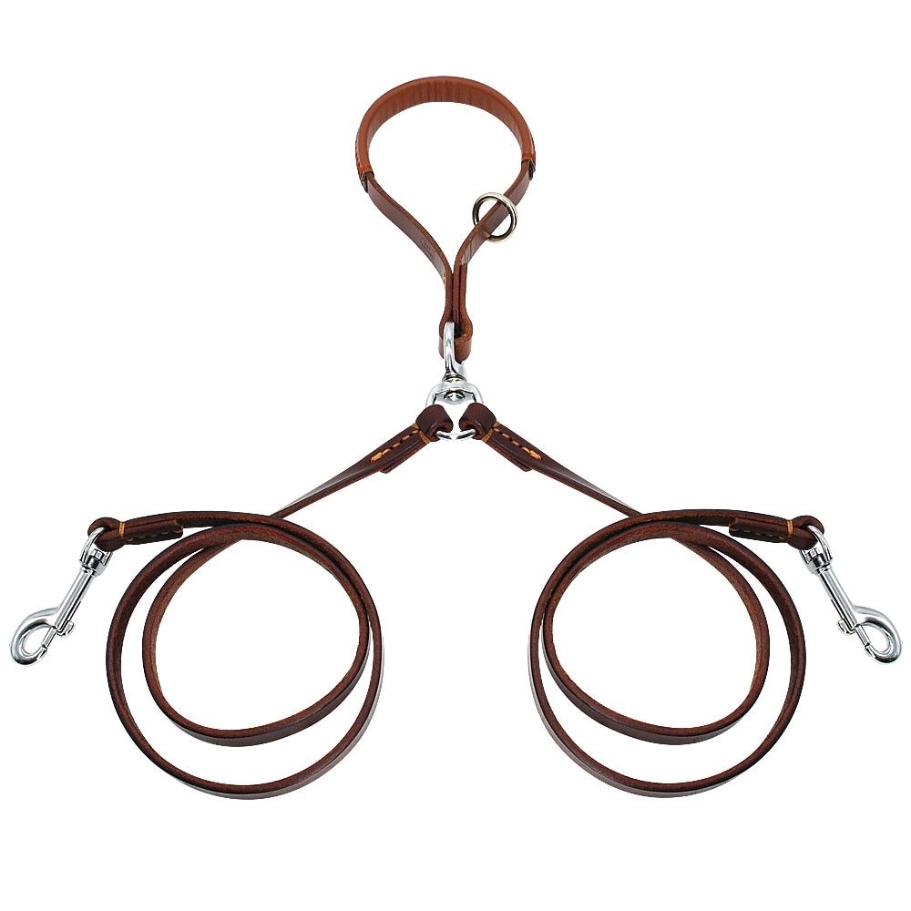 Premium 2-Way Leather Dog Leash - Tangle-Free Control for Two Dogs