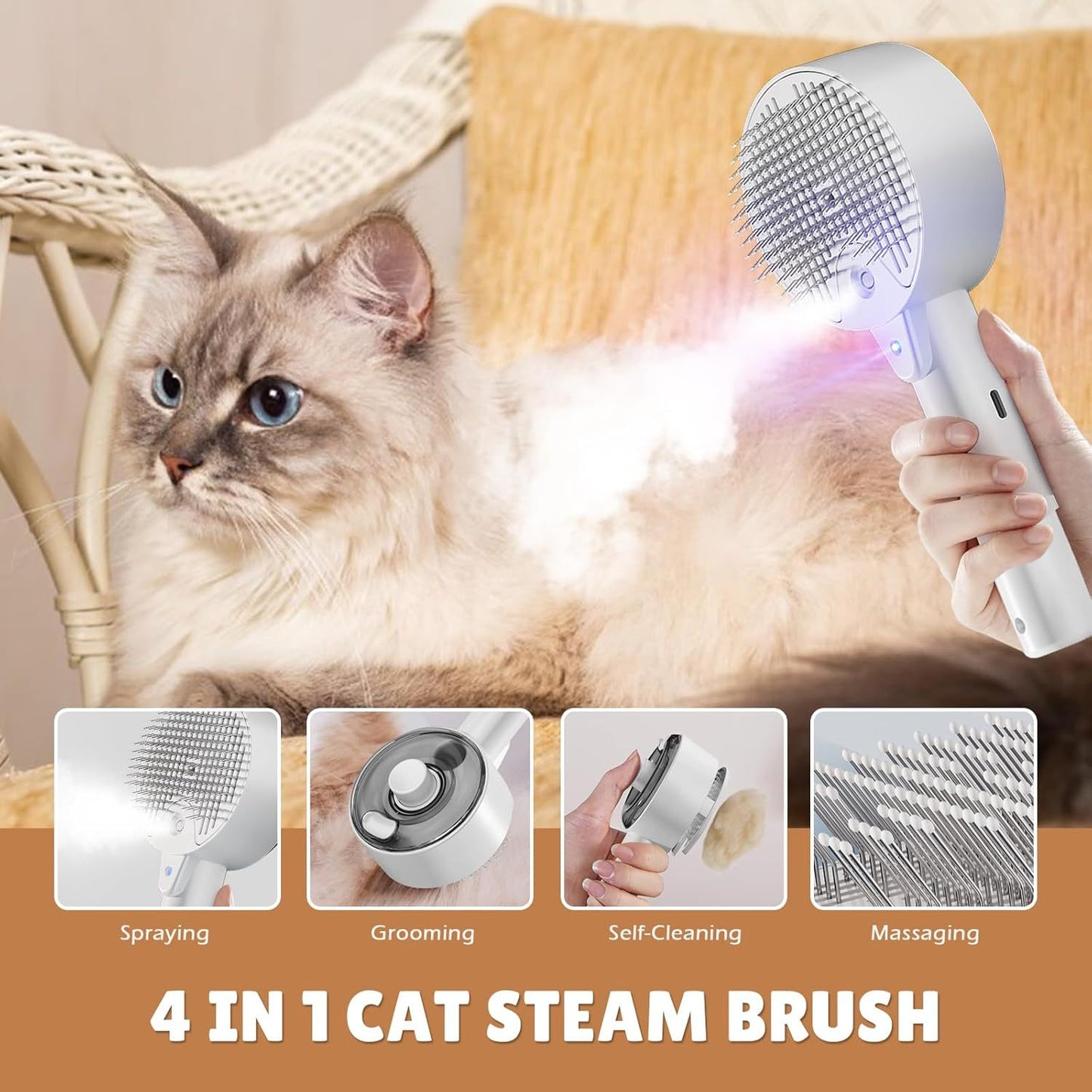 4-in-1 Pet Steam Grooming Brush De-Shedding, Massage & Cloud Care for Cats & Dogs - TailAura