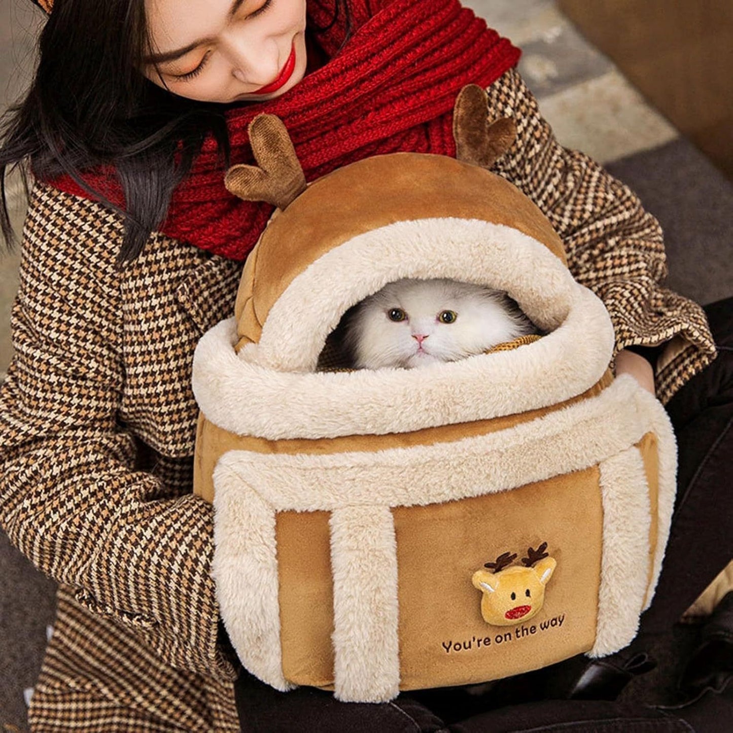 Festive Winter Pet Carrier Backpack - Soft Reindeer Design for Dogs & Cats with Hand Pockets - TailAura