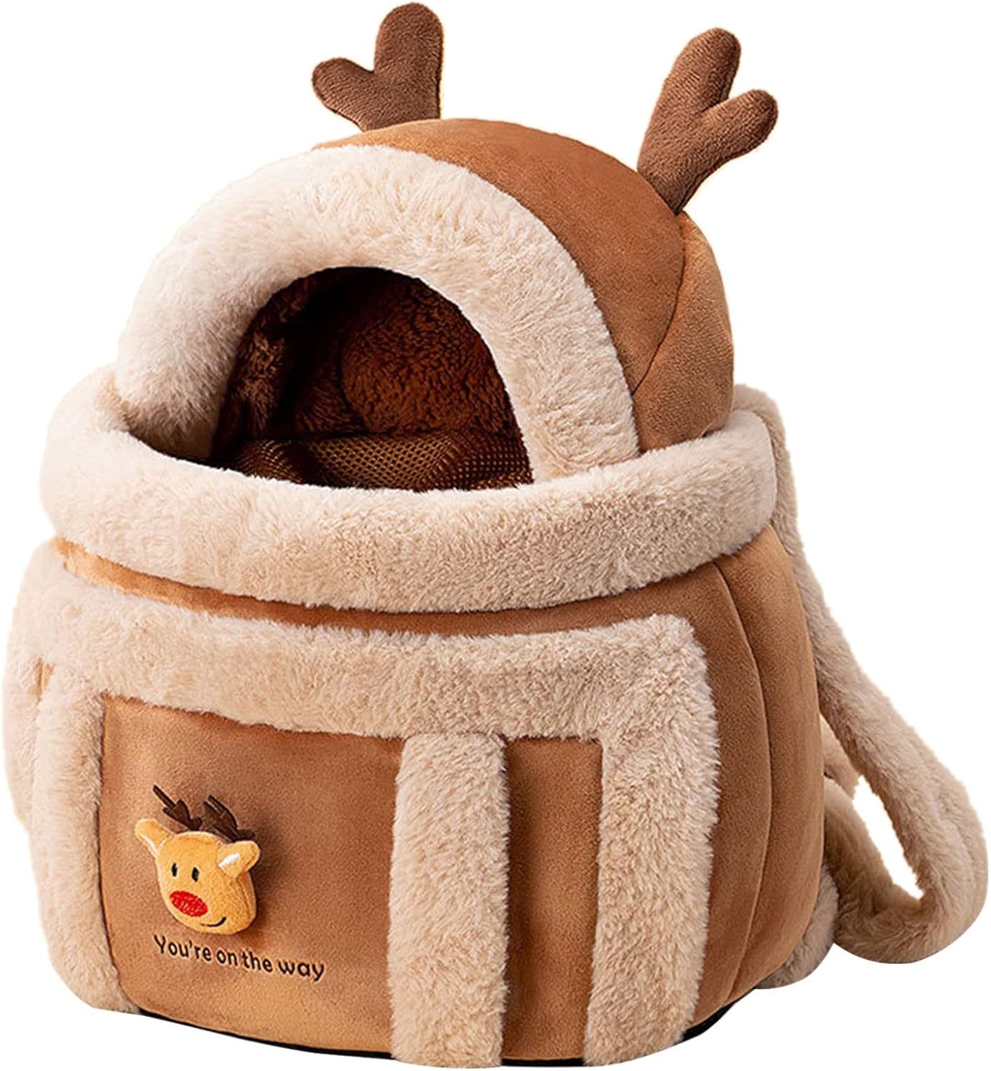 Festive Winter Pet Carrier Backpack - Soft Reindeer Design for Dogs & Cats with Hand Pockets - TailAura