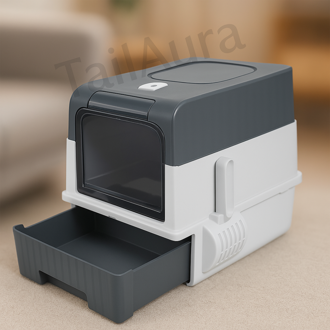 Grey Large Cat Litter Box with Pull-Out Drawer – Anti-Splashing, Easy-Clean Enclosed Cat Potty Tray - TailAura