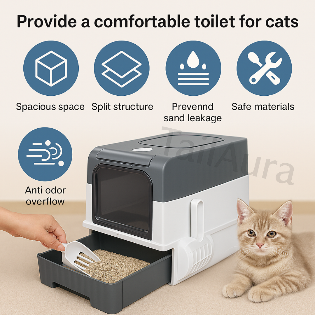 Grey Large Cat Litter Box with Pull-Out Drawer – Anti-Splashing, Easy-Clean Enclosed Cat Potty Tray - TailAura