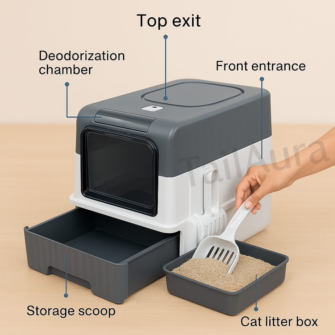 Grey Large Cat Litter Box with Pull-Out Drawer – Anti-Splashing, Easy-Clean Enclosed Cat Potty Tray - TailAura