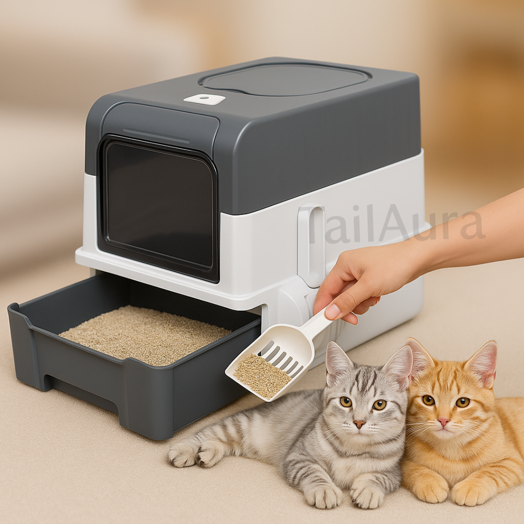 Grey Large Cat Litter Box with Pull-Out Drawer – Anti-Splashing, Easy-Clean Enclosed Cat Potty Tray - TailAura
