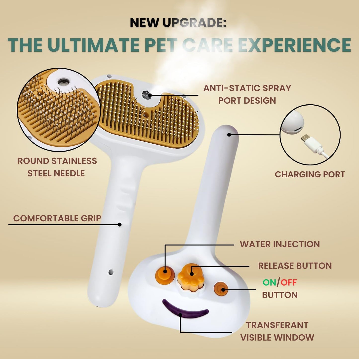 Mist & Groom Pet Brush Steam-Enhanced Shedding & Massage Tool for Cats & Dogs - TailAura