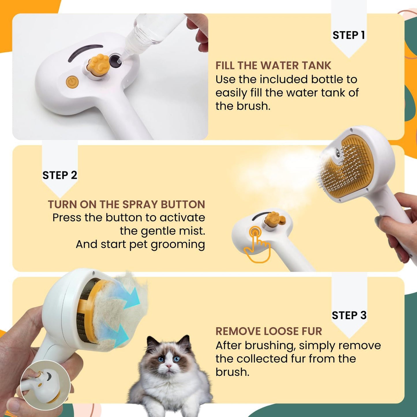 Mist & Groom Pet Brush Steam-Enhanced Shedding & Massage Tool for Cats & Dogs - TailAura