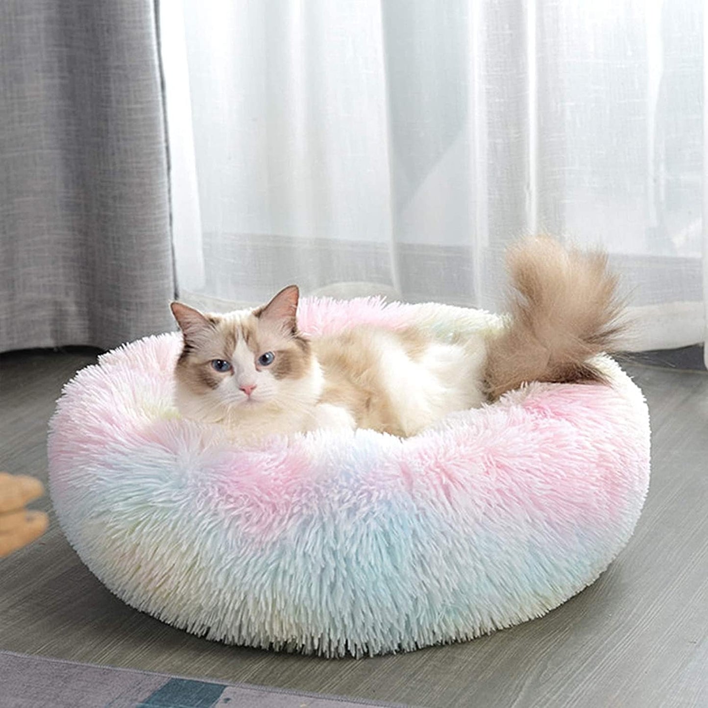 TailAura™ CozyAura Pet Nest – Light Rainbow Plush Round Bed for Cats & Dogs