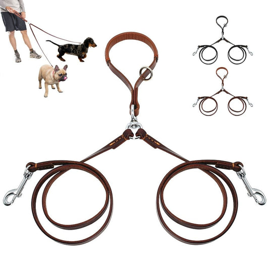 Premium 2-Way Leather Dog Leash - Tangle-Free Control for Two Dogs
