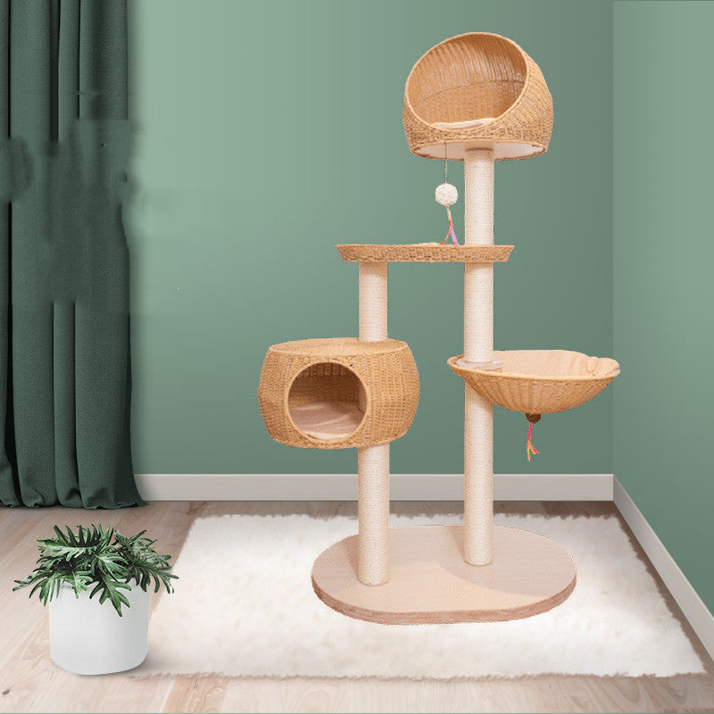 Integrated Multi-Layer Solid Wood Cat Tree – Stylish Imitation Rattan Design (160cm)