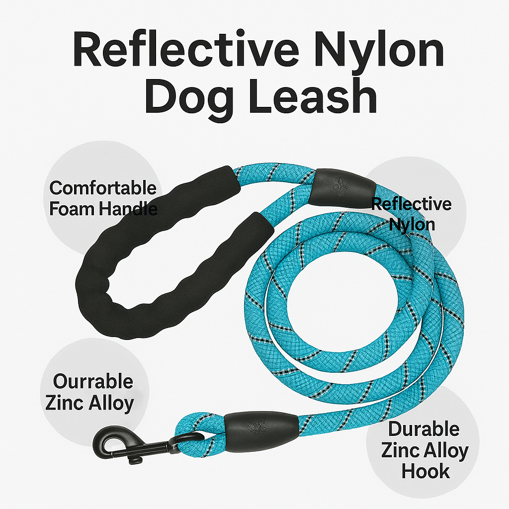 Reflective Nylon Dog Leash – Comfortable Foam Handle, Durable & Anti-Skid Leash for Small, Medium & Large Dogs