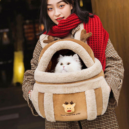 Festive Winter Pet Carrier Backpack - Soft Reindeer Design for Dogs & Cats with Hand Pockets