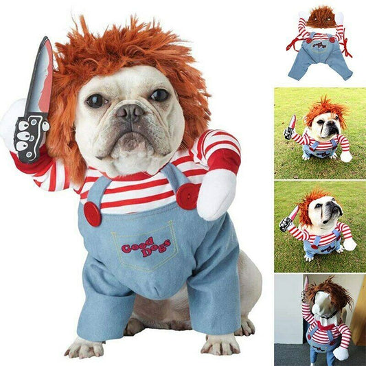 Halloween Pet Costume – Adjustable Dog Cosplay Costume with Wig and Foam Knife – Perfect for Parties and Gatherings