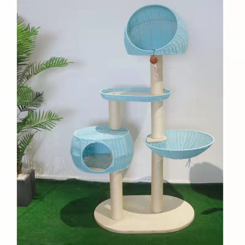 Integrated Multi-Layer Solid Wood Cat Tree – Stylish Imitation Rattan Design (160cm)