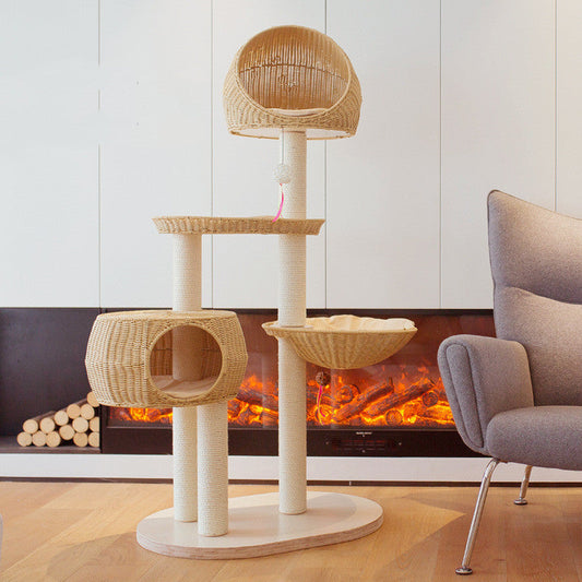 Integrated Multi-Layer Solid Wood Cat Tree – Stylish Imitation Rattan Design (160cm)