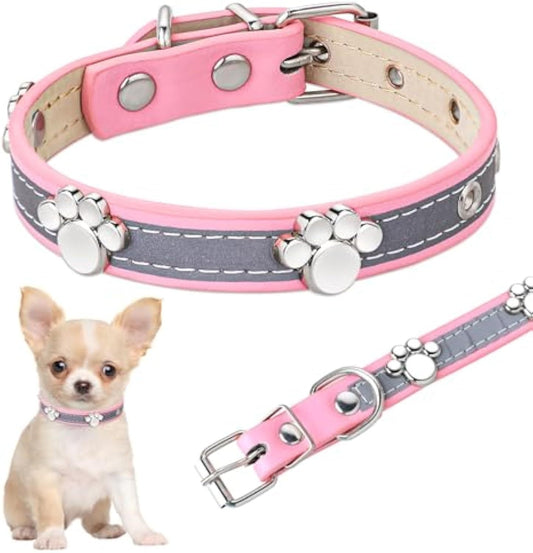 Reflective Leather Dog Collar with Cute Paw Rivets – Adjustable Pet Collar for Small, Medium & Large Dogs and Cats