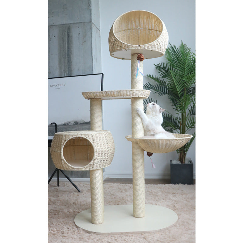 Integrated Multi-Layer Solid Wood Cat Tree – Stylish Imitation Rattan Design (160cm)