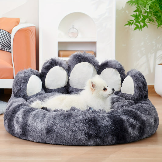 Paw-Shaped Calming Pet Bed – Plush Donut Design with Faux Fur & Raised Edges - TailAura