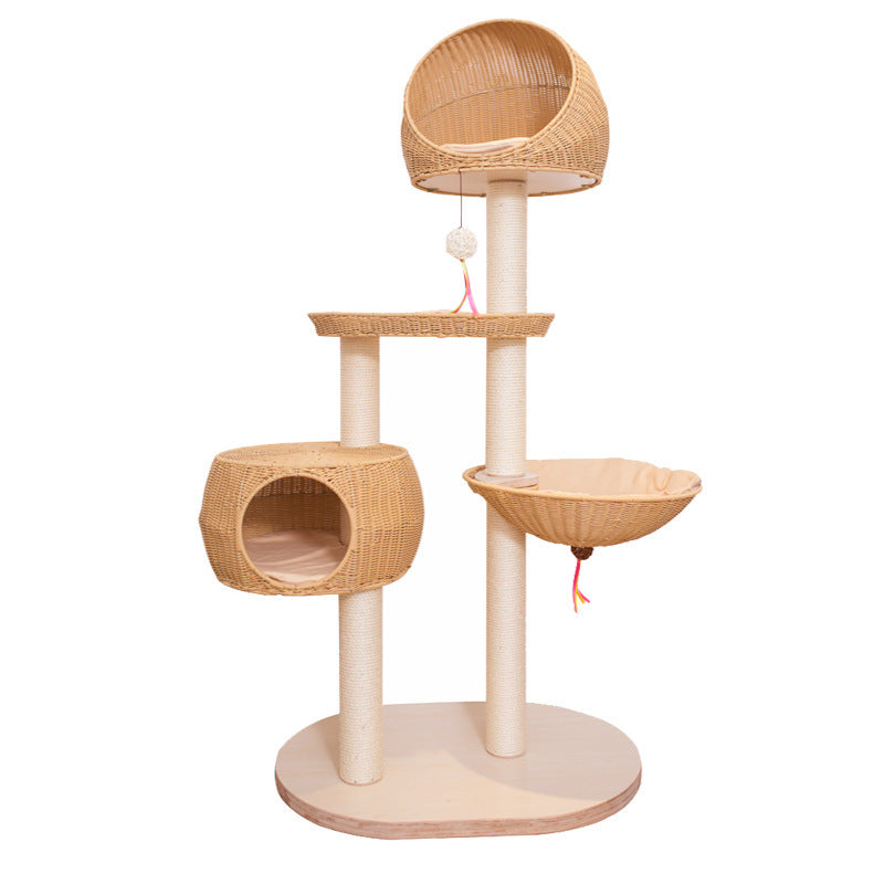 Integrated Multi-Layer Solid Wood Cat Tree – Stylish Imitation Rattan Design (160cm)