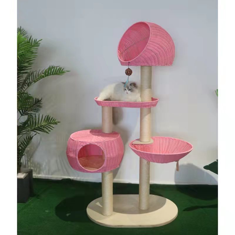 Integrated Multi-Layer Solid Wood Cat Tree – Stylish Imitation Rattan Design (160cm)