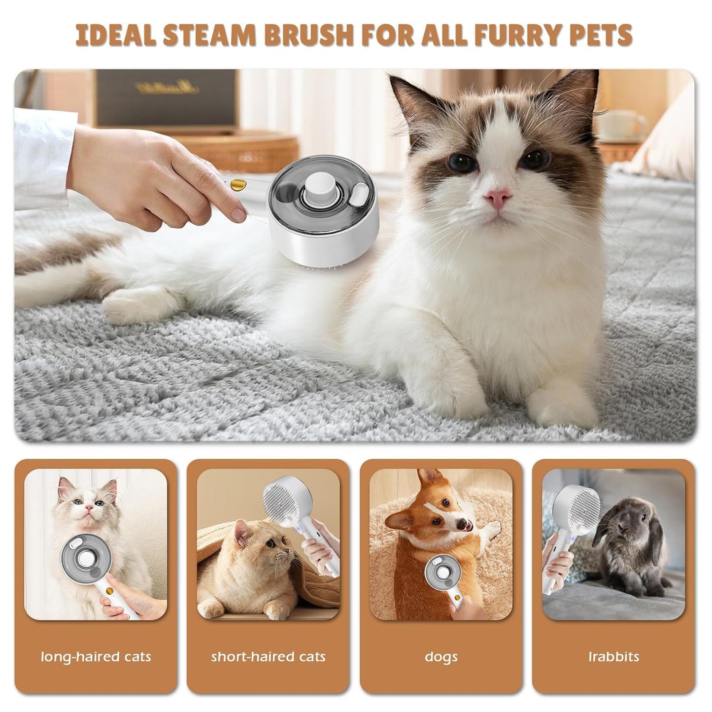 4-in-1 Pet Steam Grooming Brush De-Shedding, Massage & Cloud Care for Cats & Dogs - TailAura
