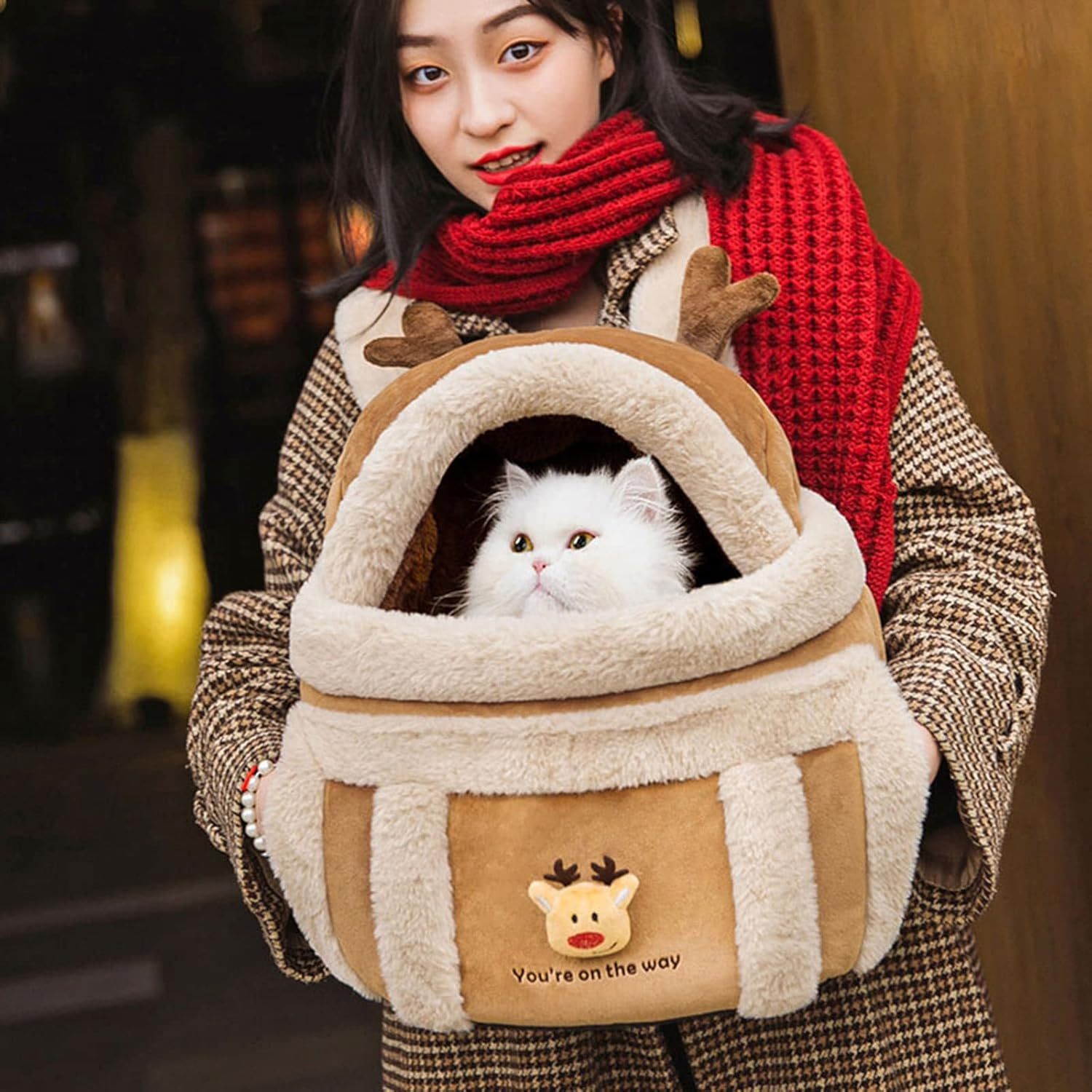 Festive Winter Pet Carrier Backpack - Soft Reindeer Design for Dogs & Cats with Hand Pockets - TailAura