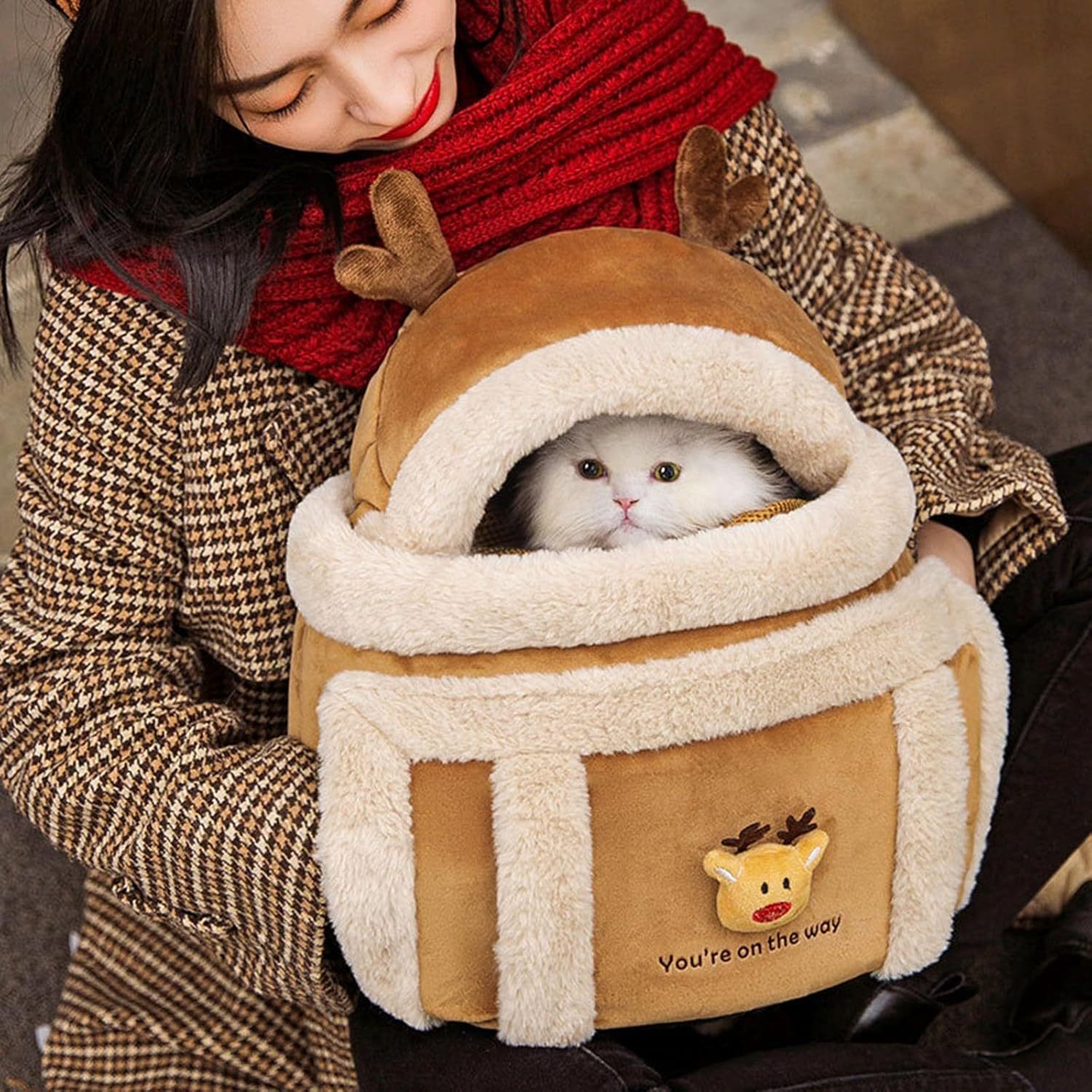 Festive Winter Pet Carrier Backpack - Soft Reindeer Design for Dogs & Cats with Hand Pockets - TailAura